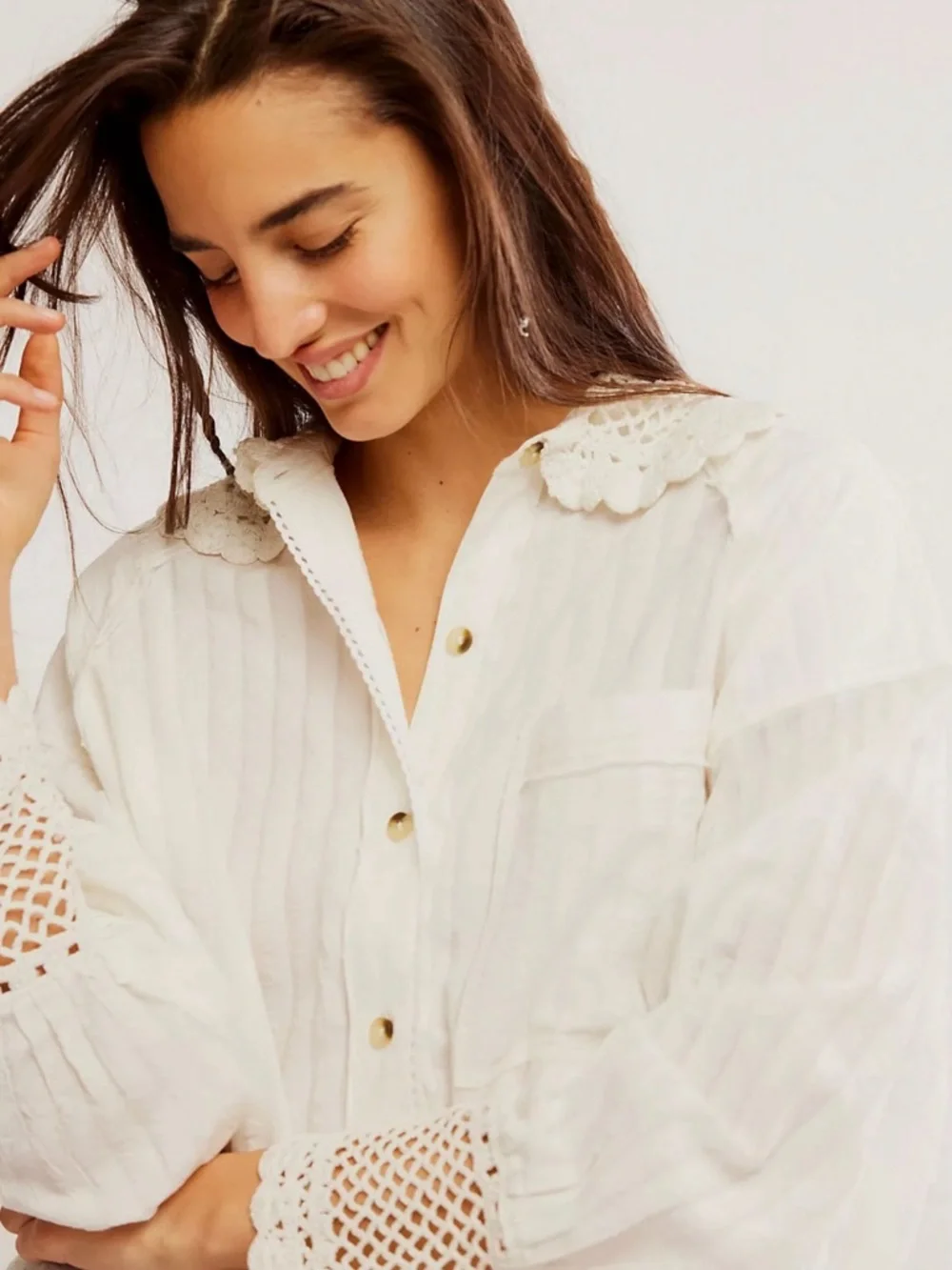 Free People Ethereal Dainty Cottage Rhiannon Crochet Shirt Ivory Size Large